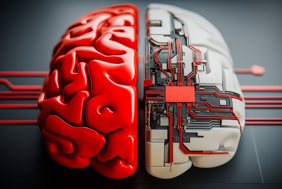 An AI generated image represents machine learning with a motherboard shaped like a brain