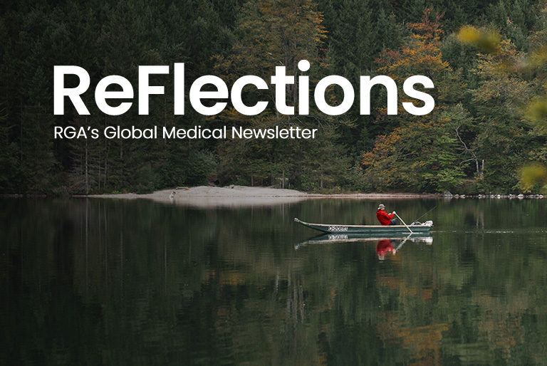 ReFlections Biometics Cover A sportsman with a bright red shirt rows by in a kayak in a placid reflecting pool, representing RGA's ReFlections global medical newsletter..