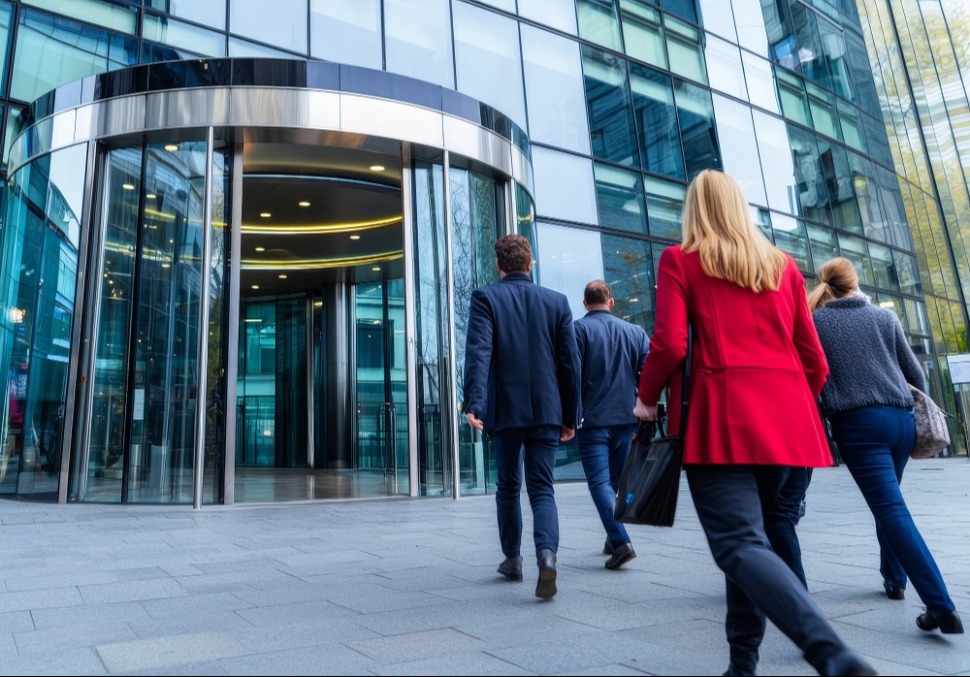 A group of workers busily march toward the revolving door of a corporate tower