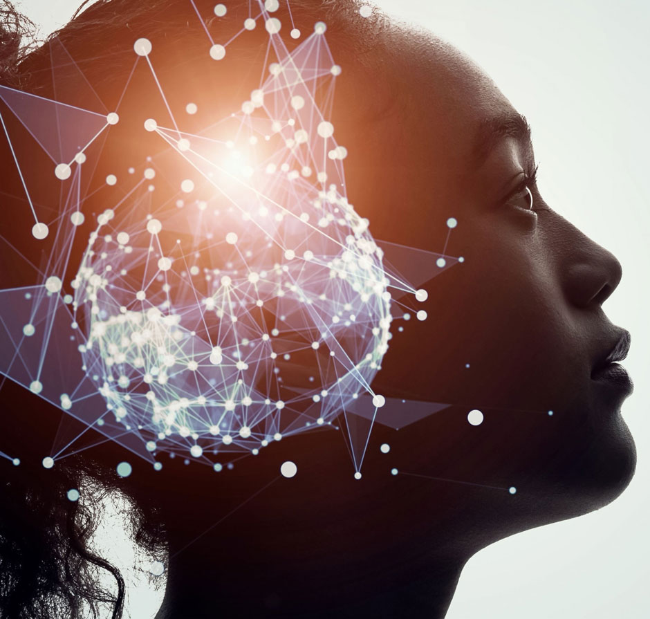 A double exposure of a woman with nodes connecting thoughts over her head