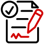 Icon of a red pencil writing on paper with a checkmark