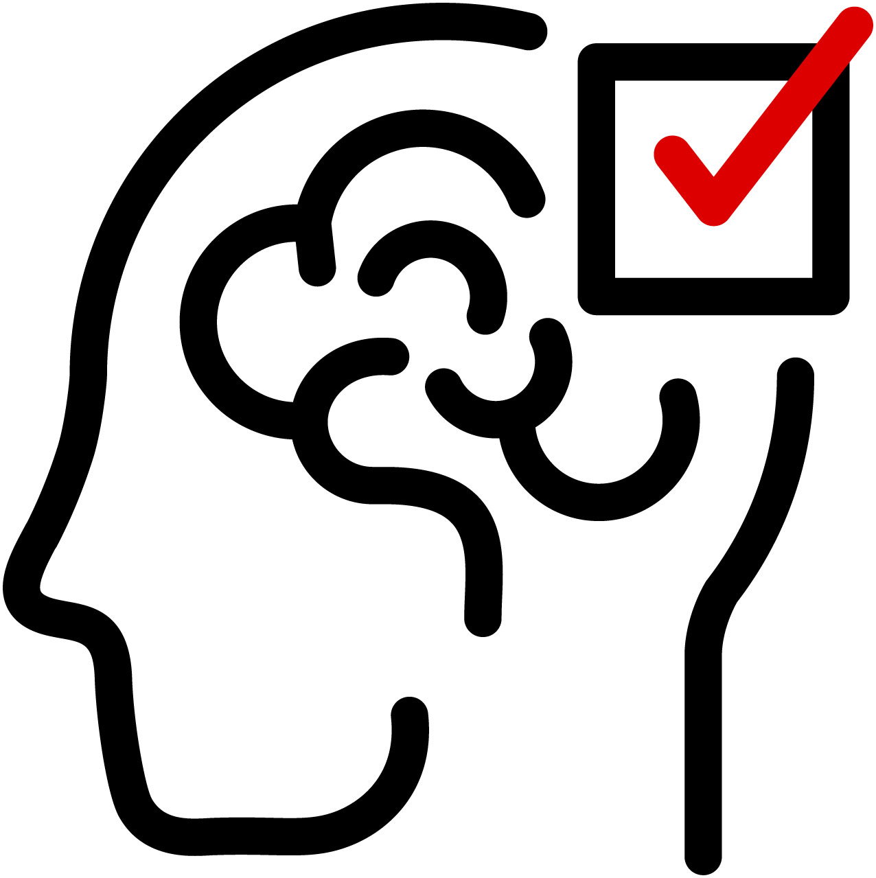 Icon of a human profile with a brain and red checkmark in a box