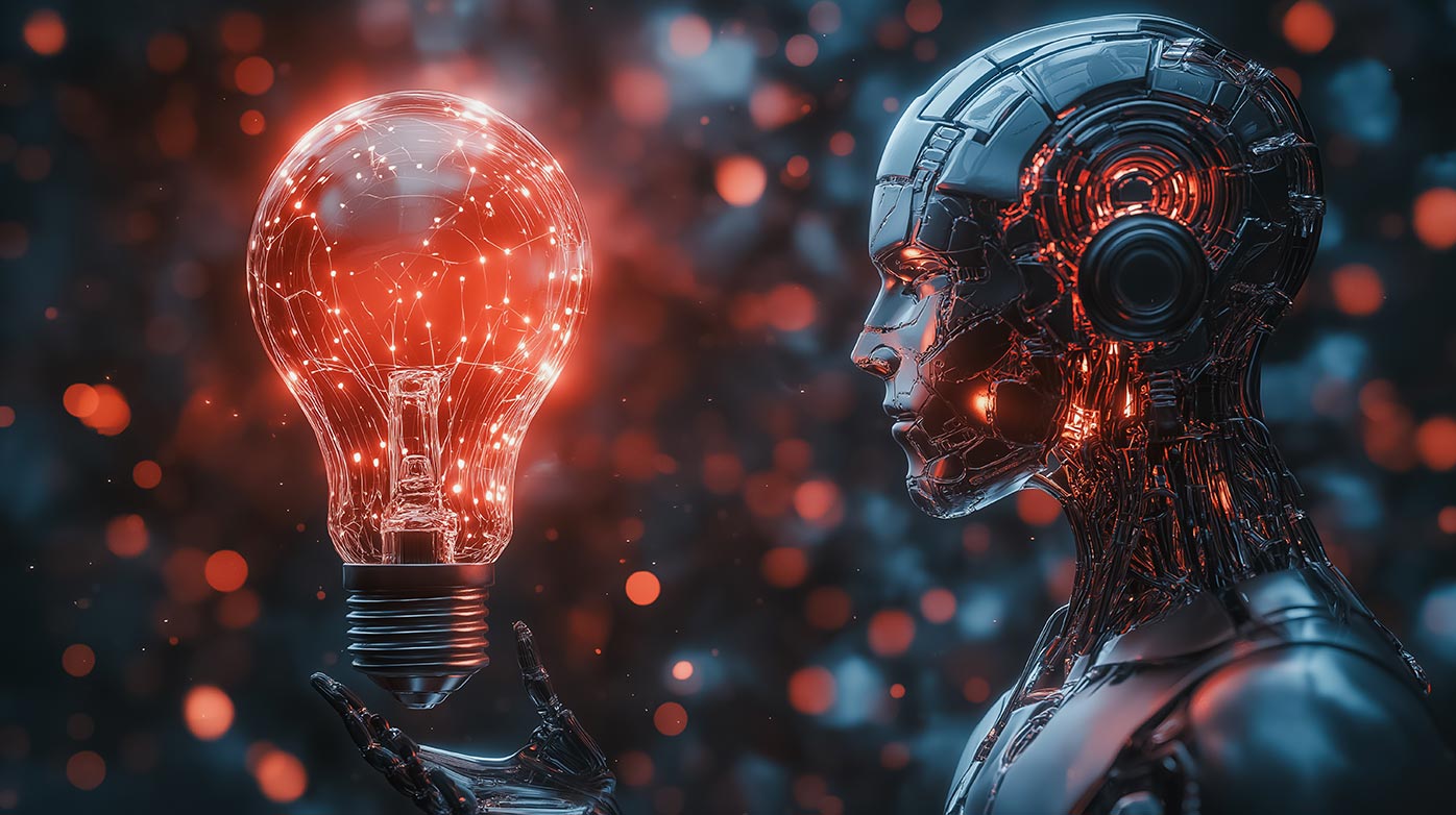 AI robot with a red lightbulb