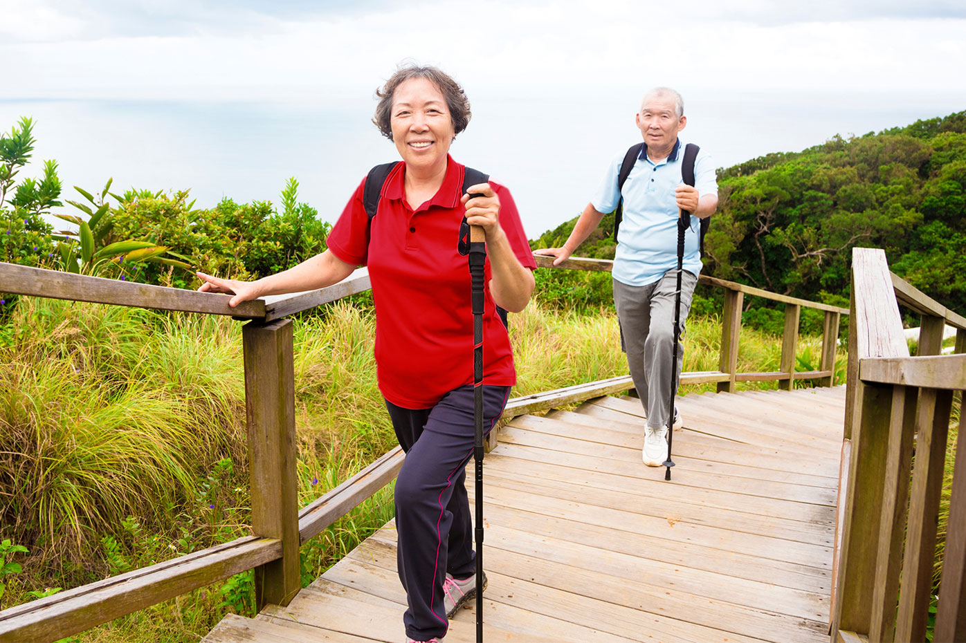 A senior Asian couple ascends a stairway outside in nature, holding hiking poles