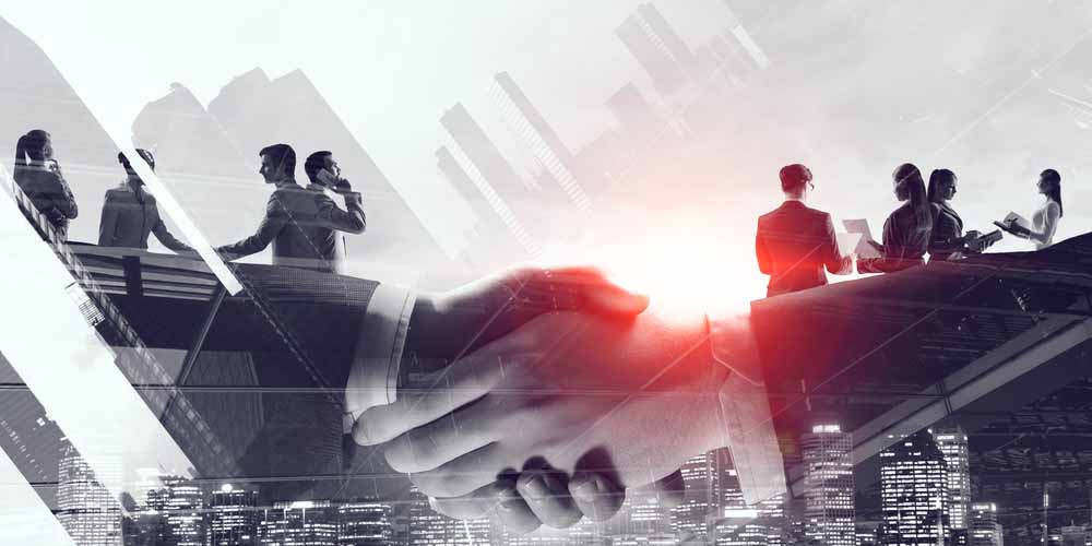 Coinsurance double exposure of handshake and businesspeople