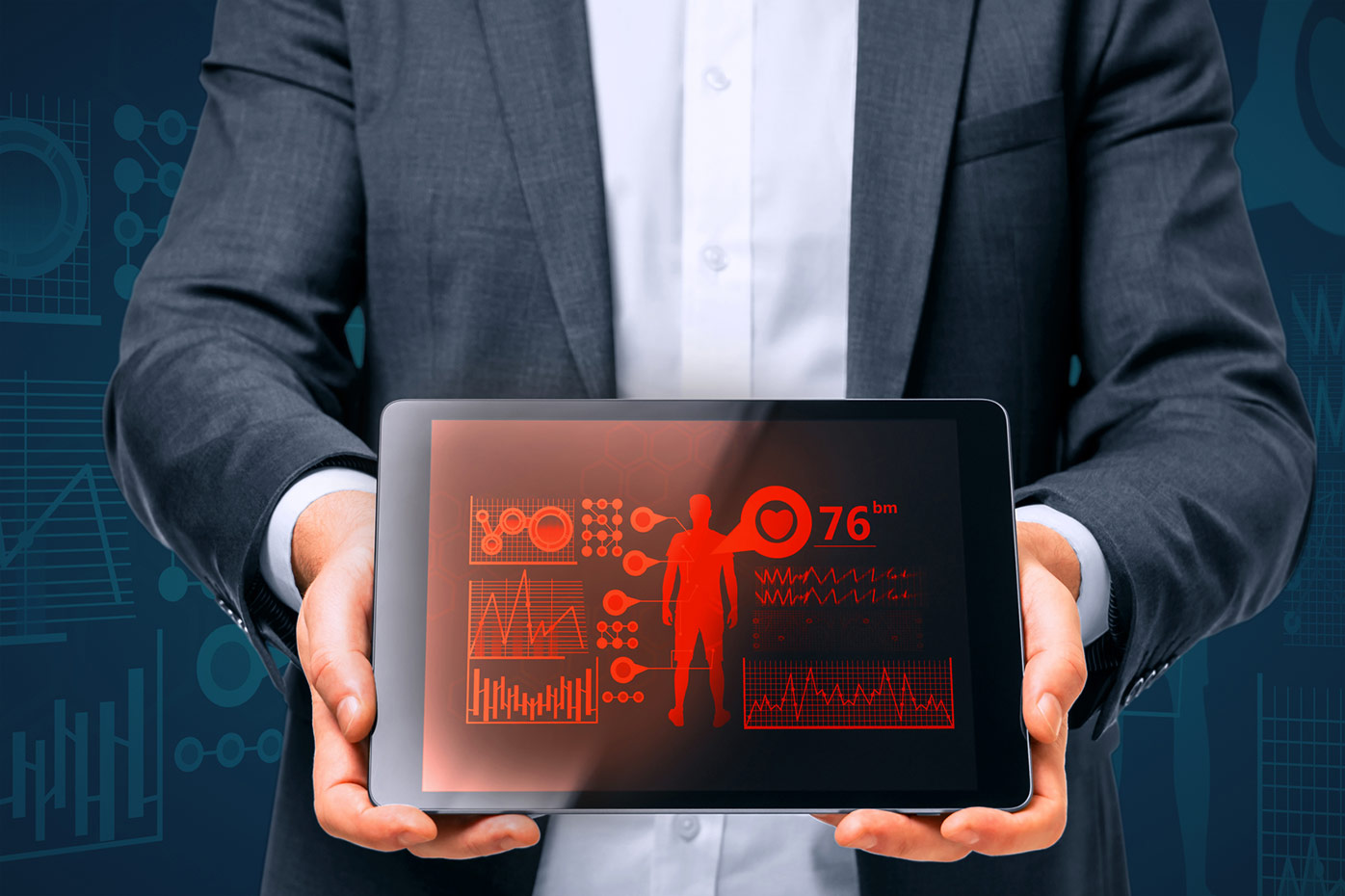 Holding a tablet with cardiac stats