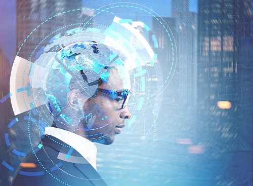 Double exposure image of thinking man with data superimposed around his head