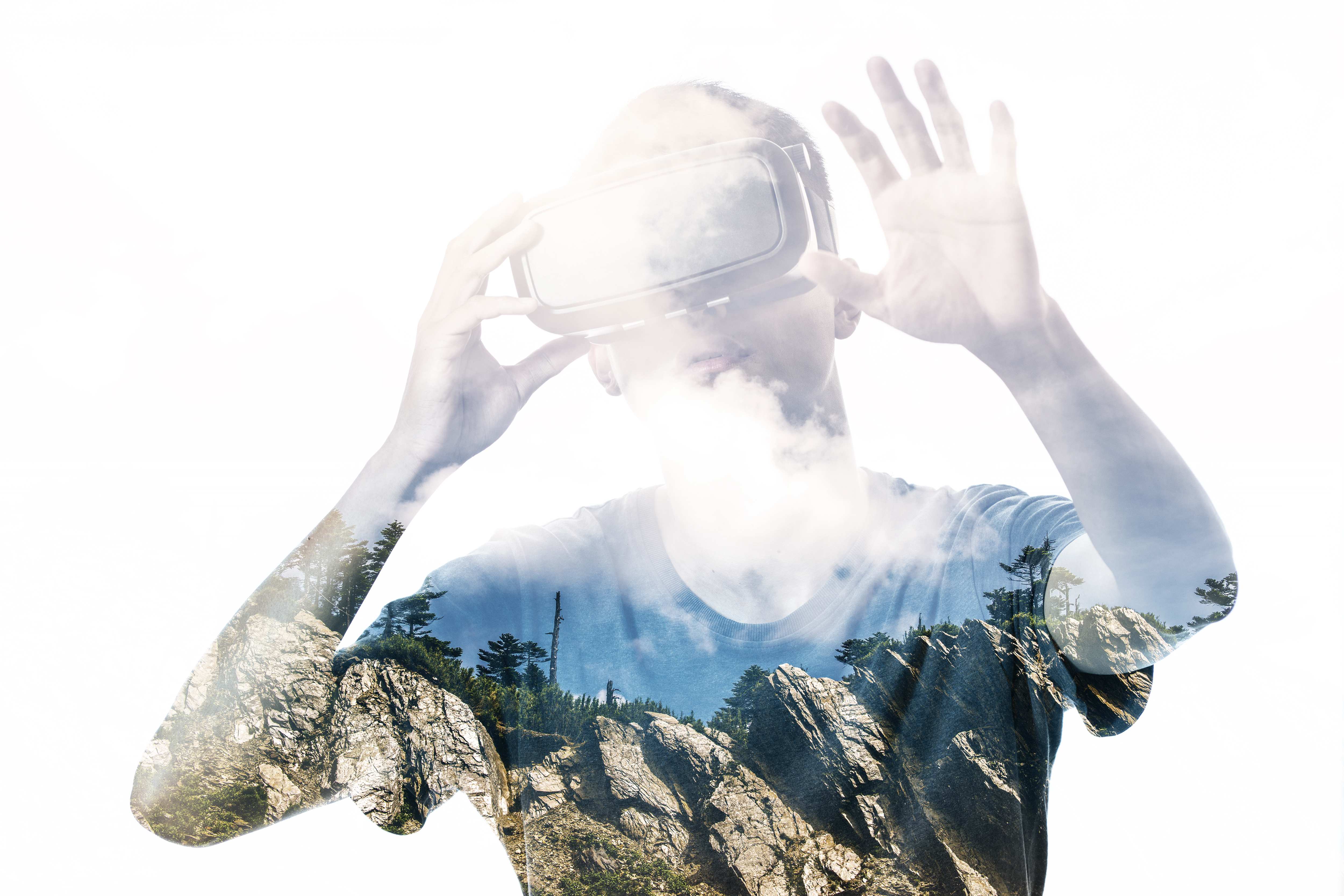 Double exposure image of man experiencing virtual reality and the metaverse