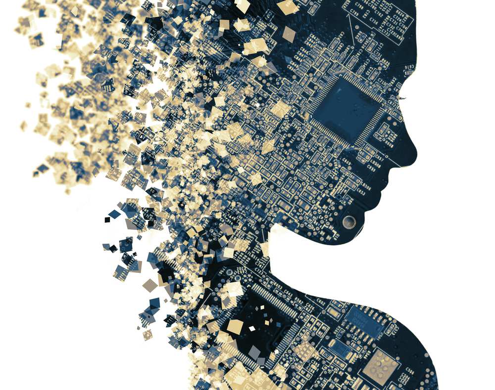 An illustration of a female face comprised of circuit boards