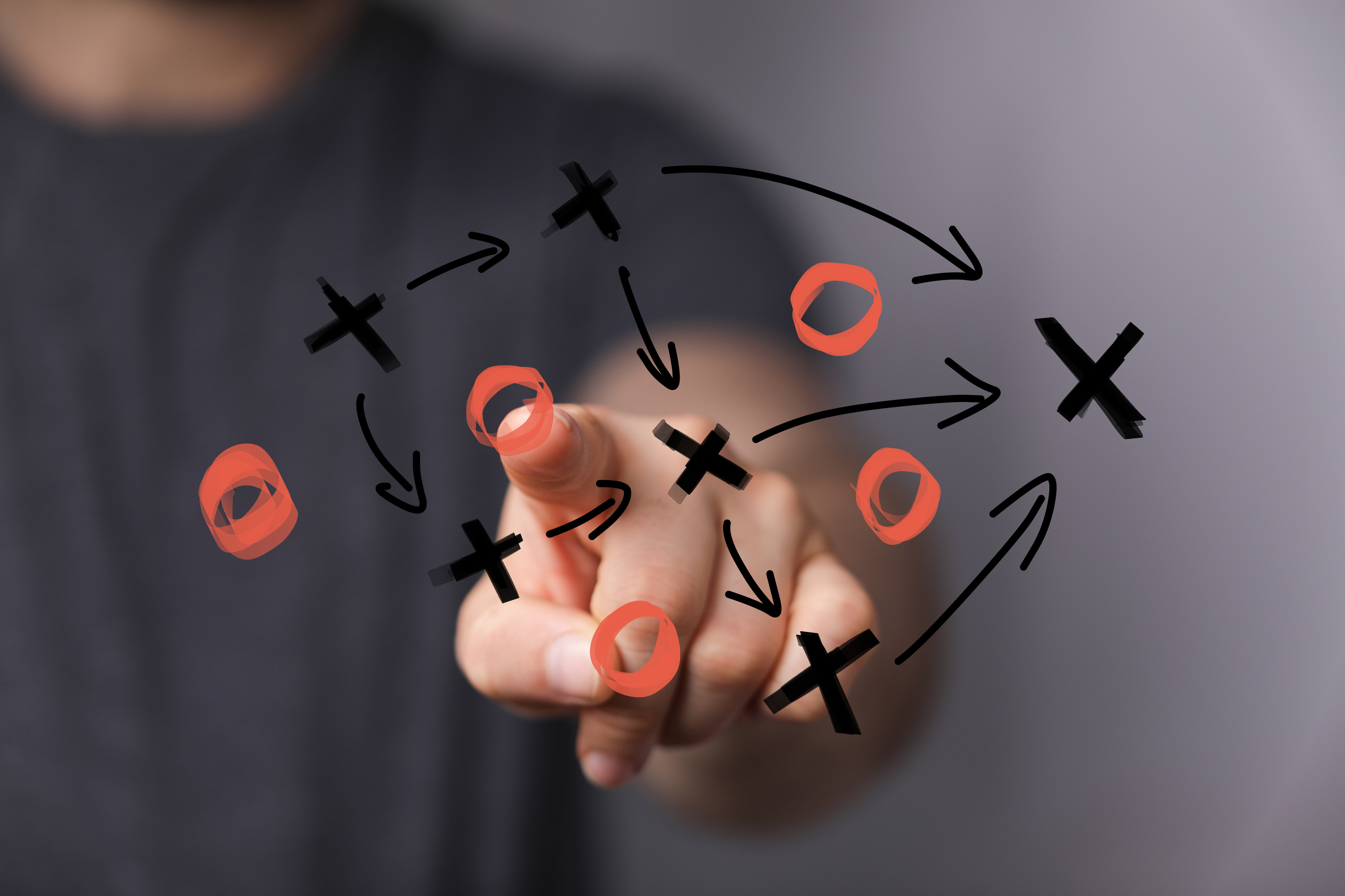 X's and O's on an acrylic board, like a play being run.