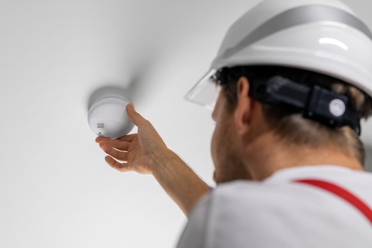 A man installing a carbon monoxide detector