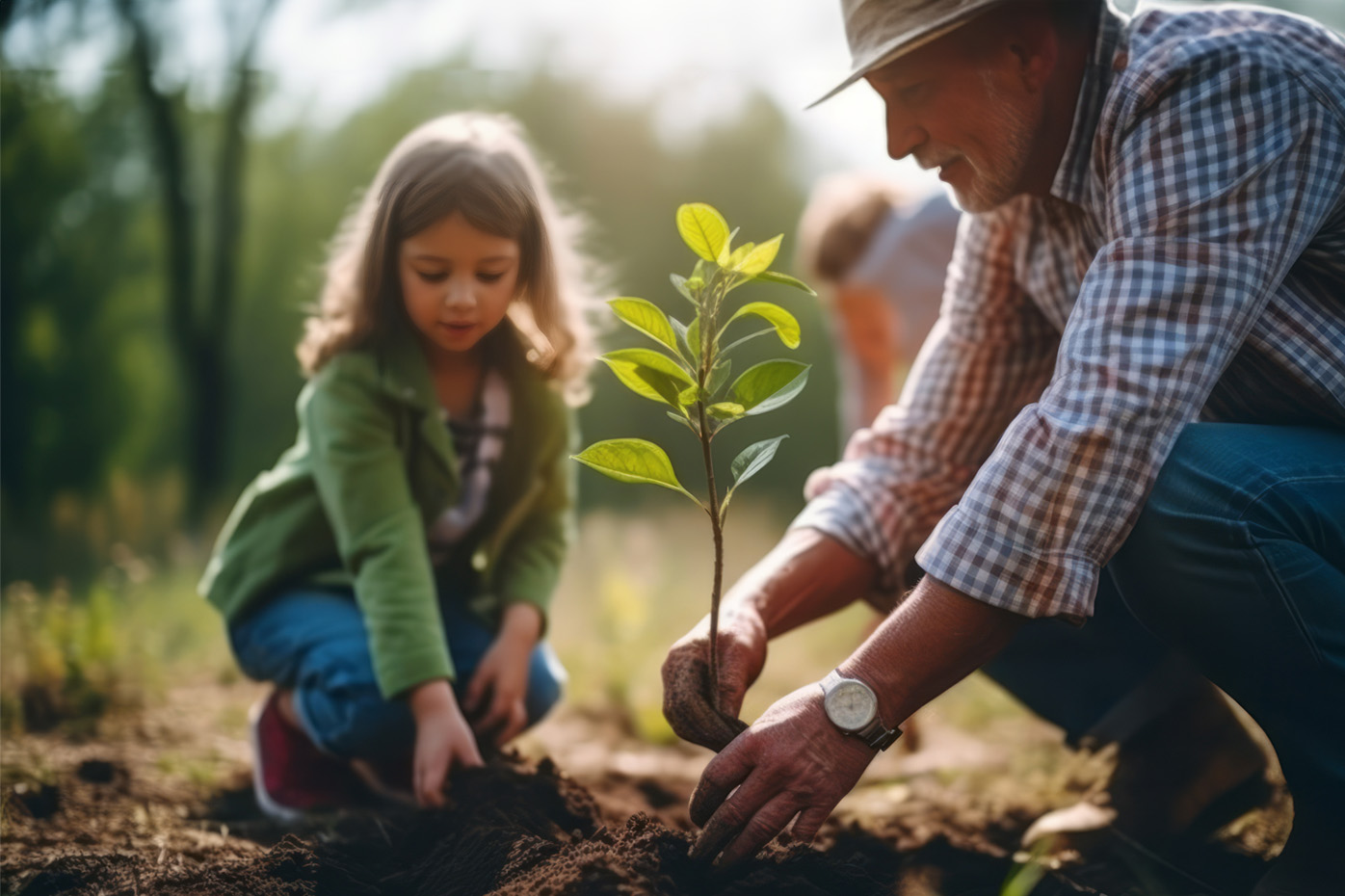 A girl and an older man plan a tree seedling together