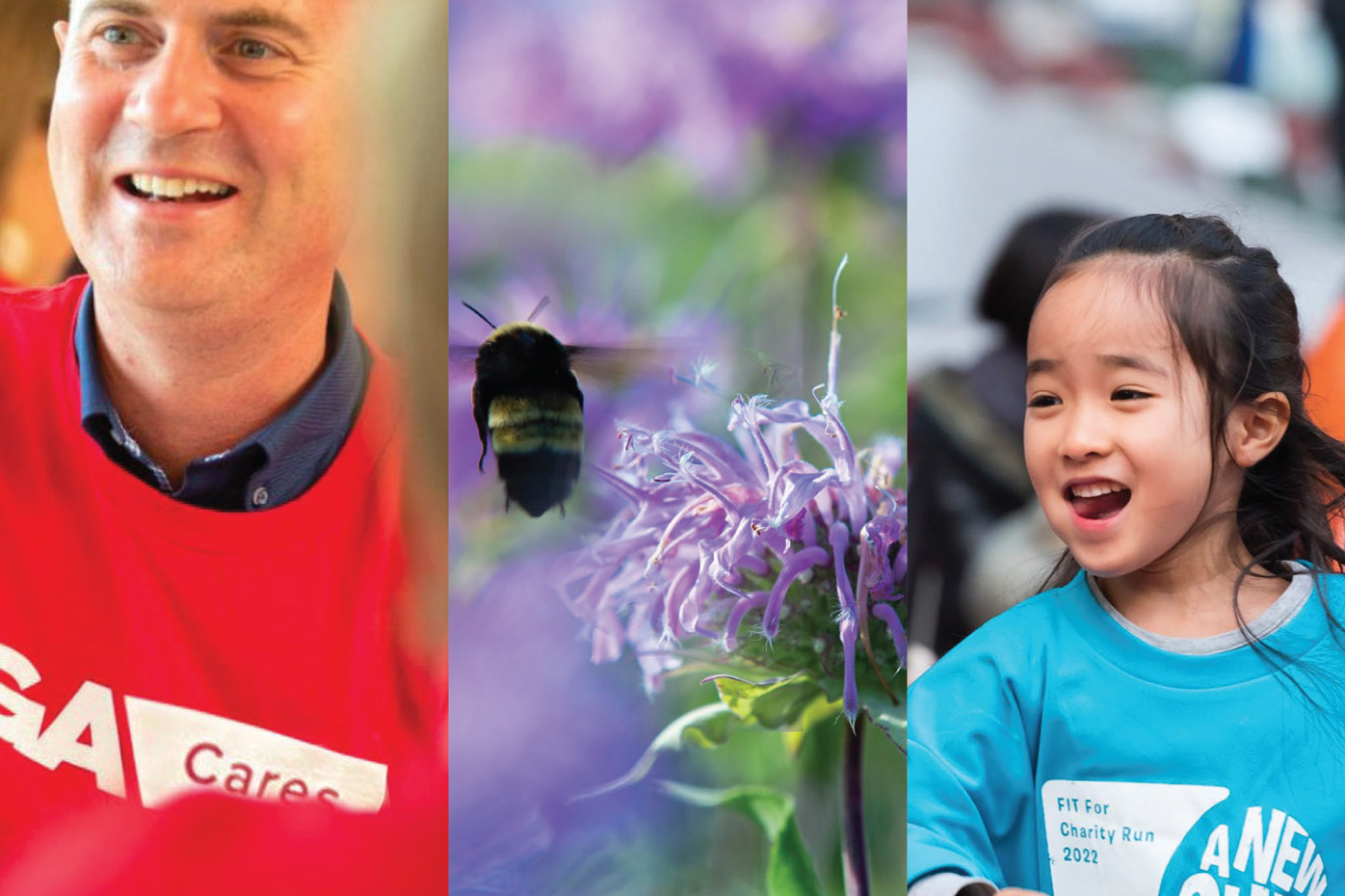 A combination photo of a man in an RGA Cares t-shirt, a bee hovering over a purple flower, and a girl running in a charity run
