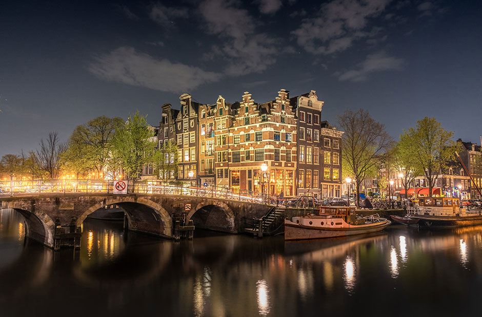 A twilight view of Amsterdam, the Netherlands.