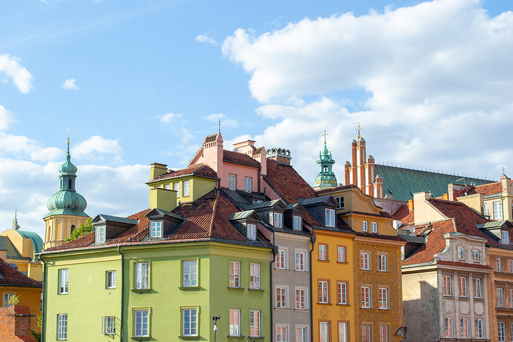 Colorful facades of houses in Warsaw, Poland