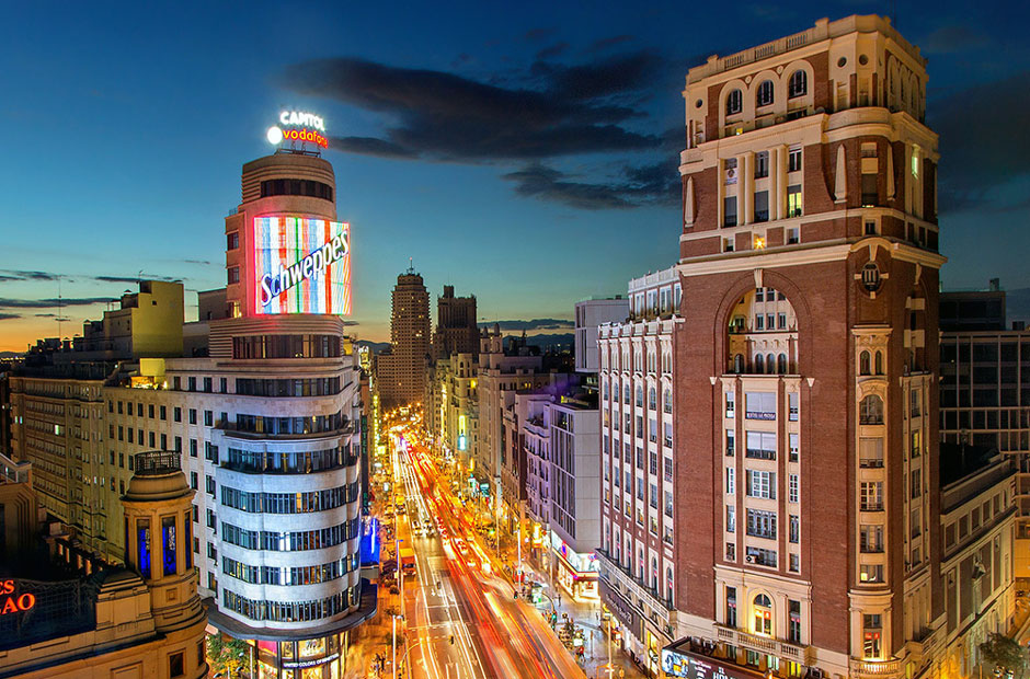 An overhead view of a bustling street in the heart of Madrid, Spain