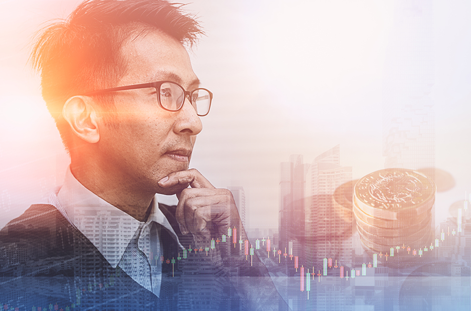 A man gazes into the distance, superimposed on financial metrics and a cityscape