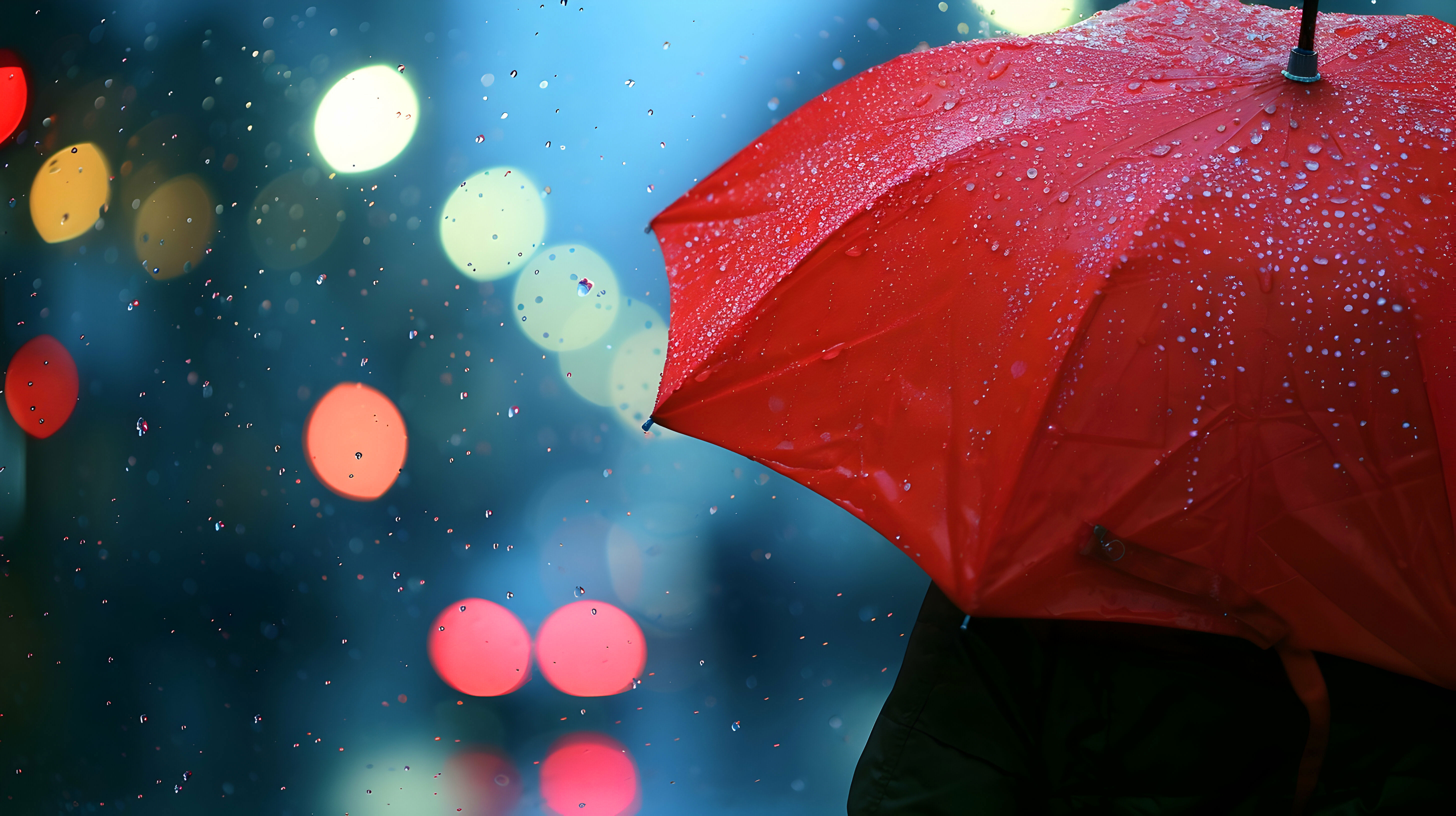An umbrella in the rain A red umbrella protects an individual from the rain