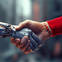 A robot hand shakes the hand of a human wearing a red sweater